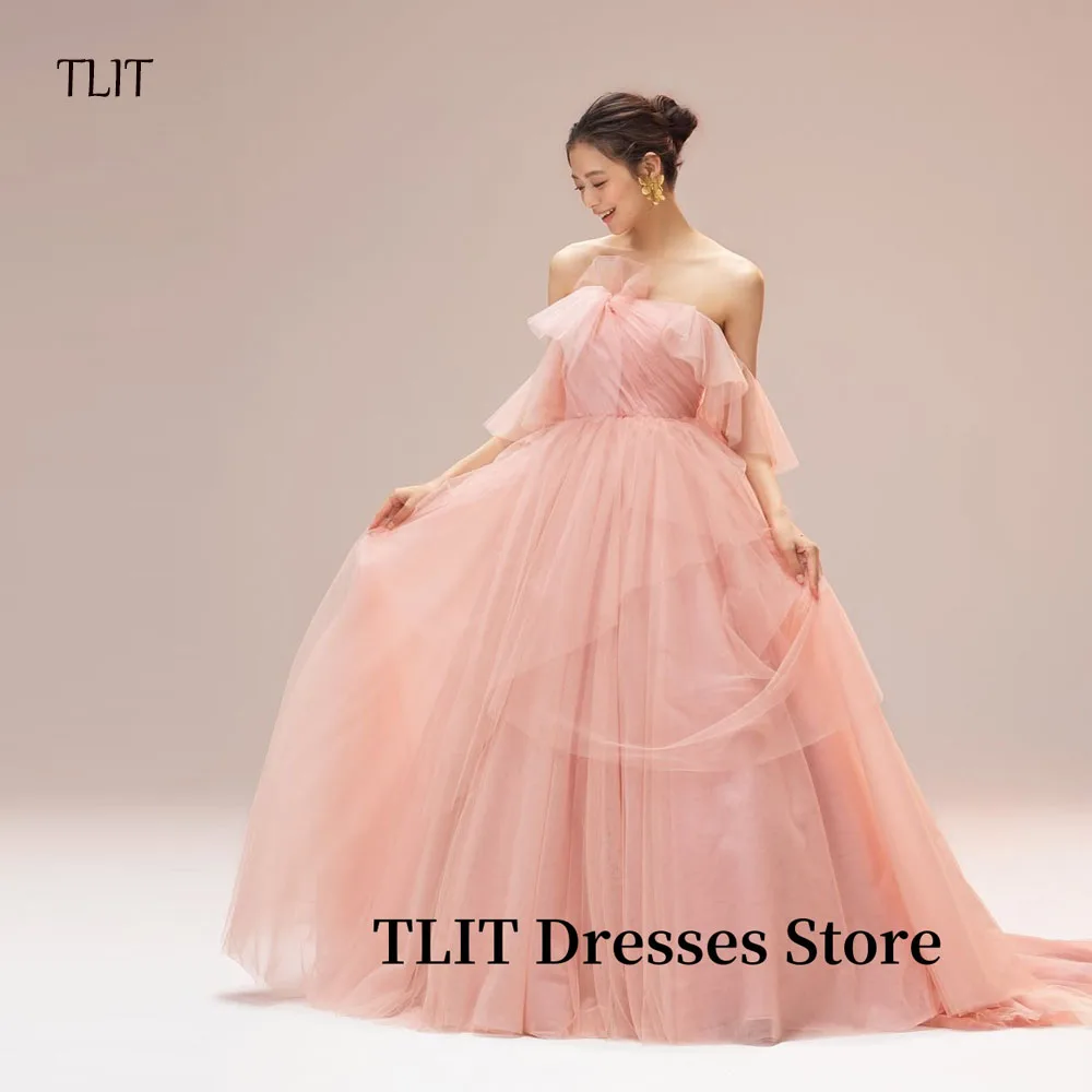 

TLIT Fairy Blush Pink Tulle Evening Party Dresses Korea Photoshoot Wedding Strapless Prom Gowns Puff Formal Occasion Customized