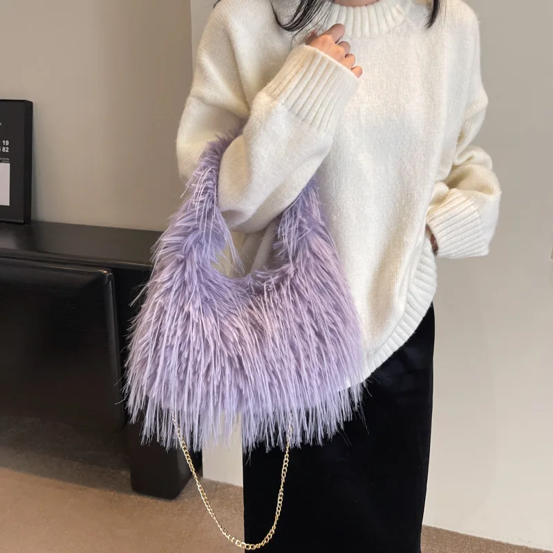 กระเป๋าถือขนเฟอร์เทียม แฟชั่นพู่ห้อยยาว กระเป๋าสะพายข้างขนปุย กระเป๋าถือผู้หญิง ขนฟู จุของได้เยอะ