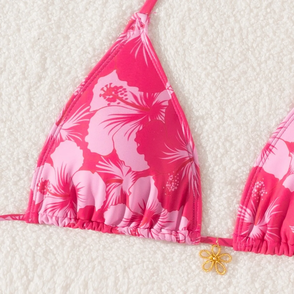 Tie Up Bikini Sexy Metal Flower Pendant Printed Split Swimsuit Set For Women