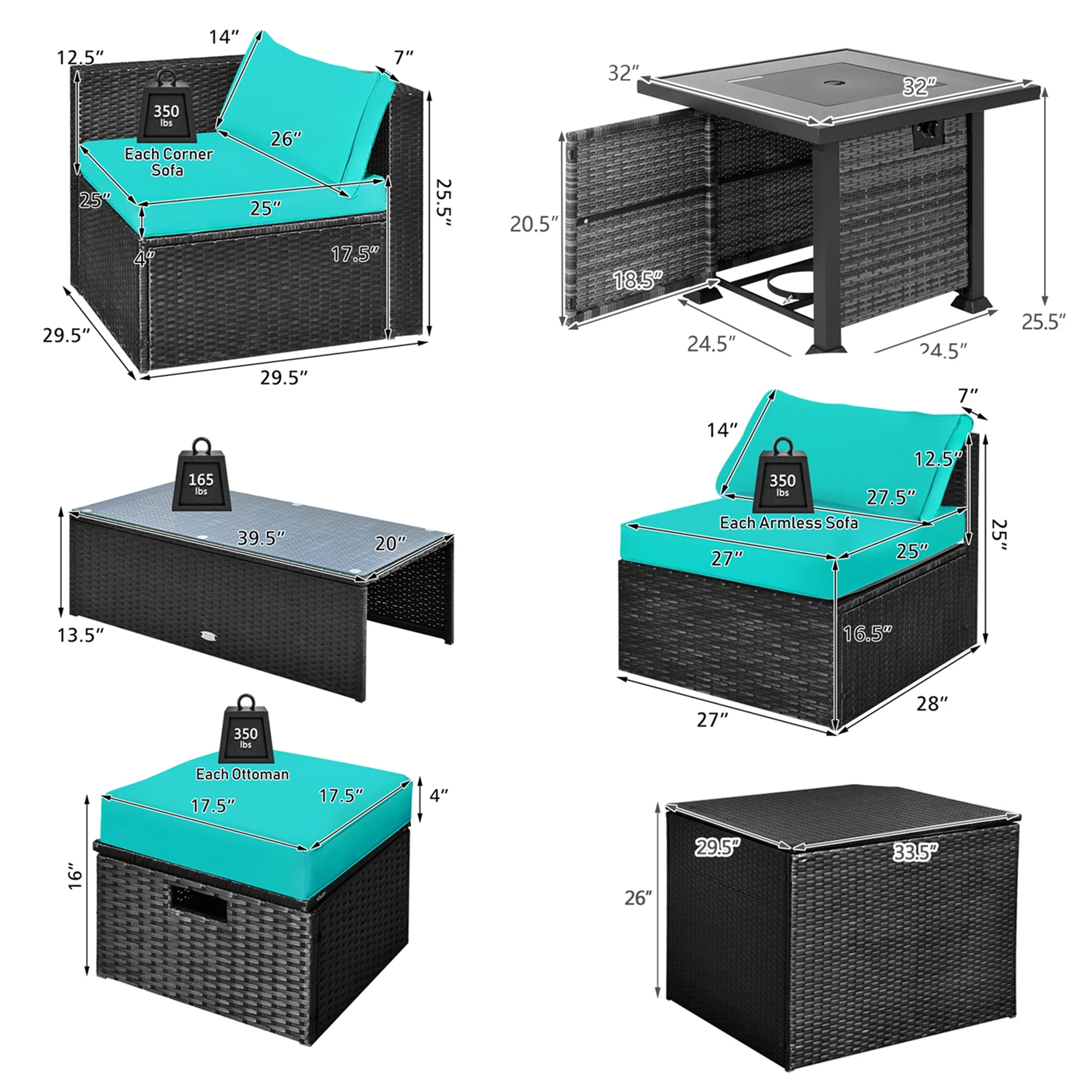 Ensemble de Foyer au Propane Carré Turquoise, Table de Foyer de 32 Pouces, 50,000 BTU, 9 Pièces