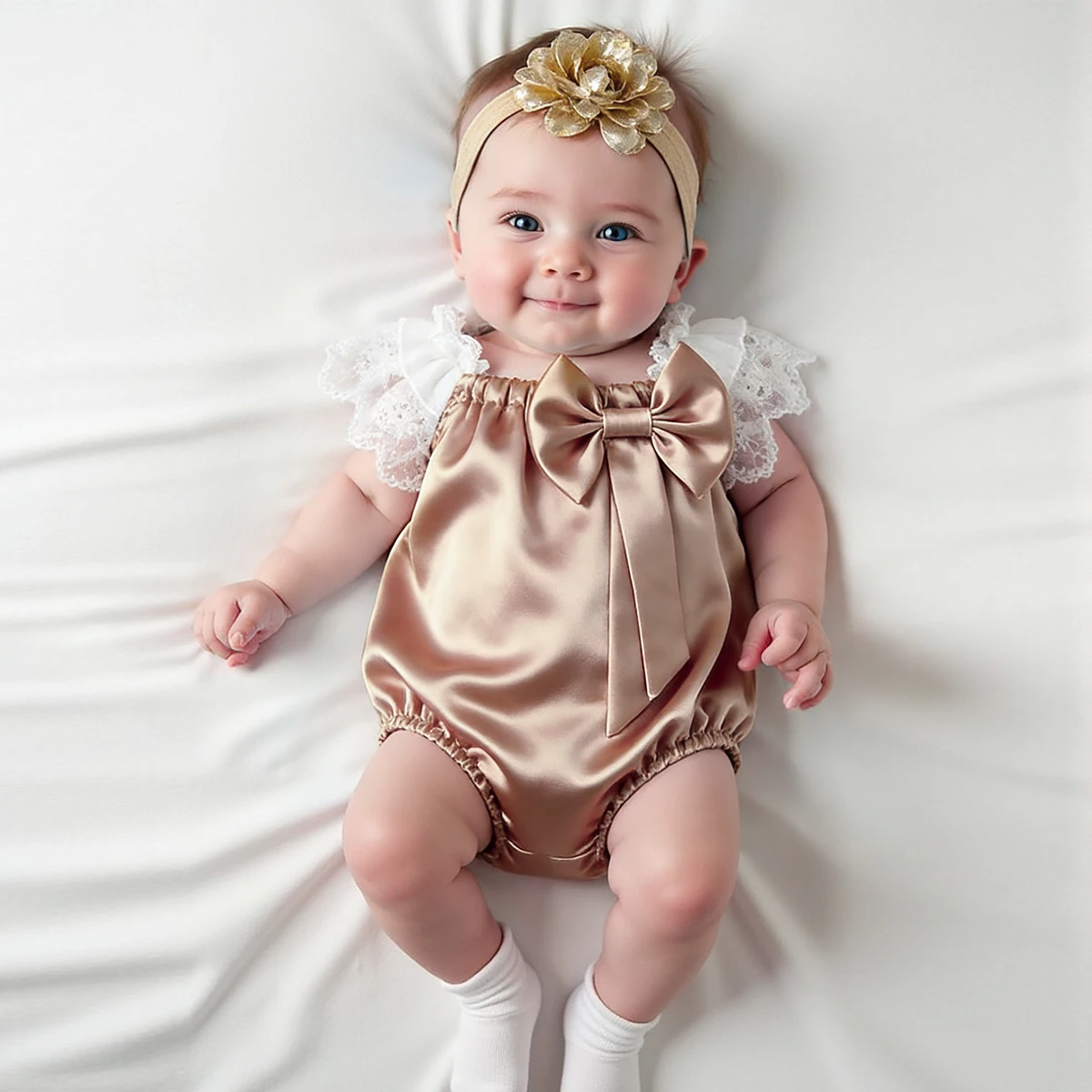 Ylsteed Newborn Girl Photography Outfit with Headband Golden Bowknot Romper for Photo Shooting Infant Photo Props