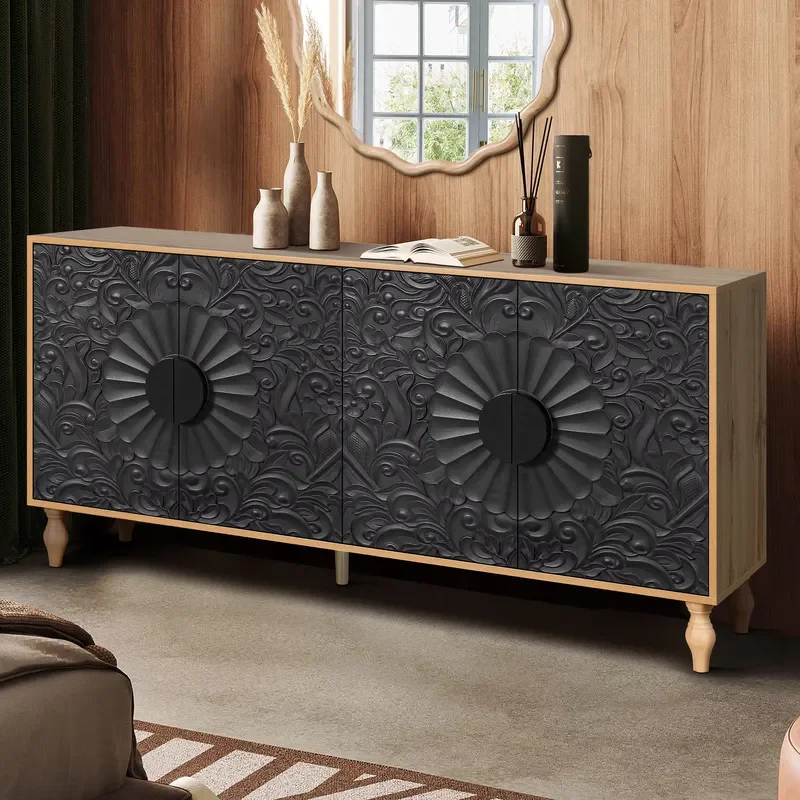 Black Solid Wood Carved Symmetrical TV Cabinet with Door and Wood Frame Large Capacity Storage for Living Room Entrance