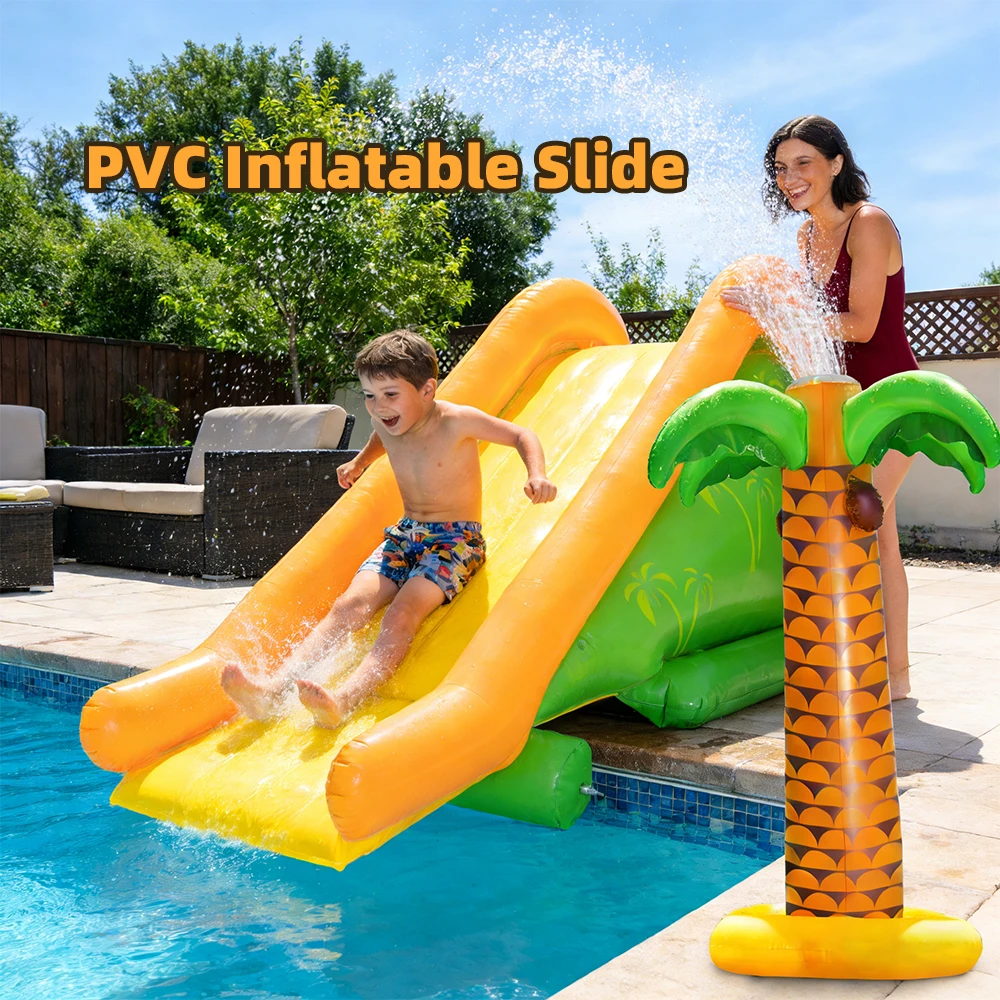 

Summer Inflatable Water Slide Play Center with Coconut Tree, Indoor Outdoor Backyard Water Park for Children