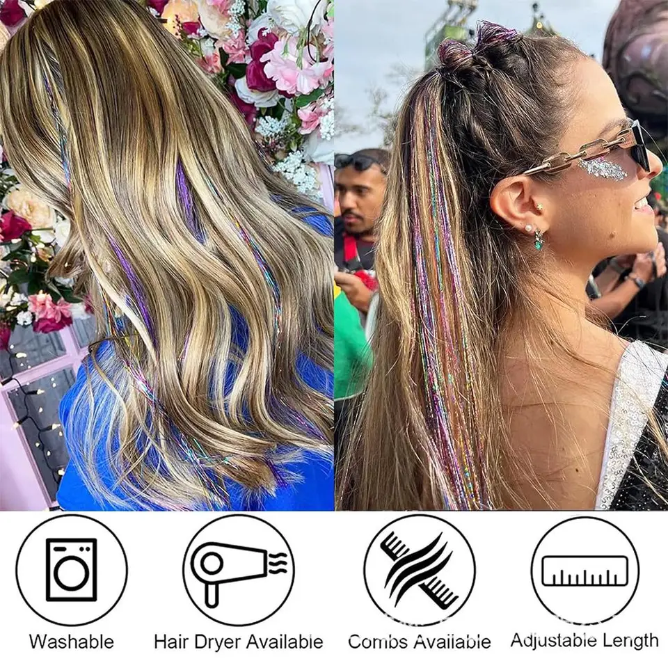 12 piezas tinsel de cabello con clip brillantina extensiones sintéticas para festivales fiestas accesorios 6