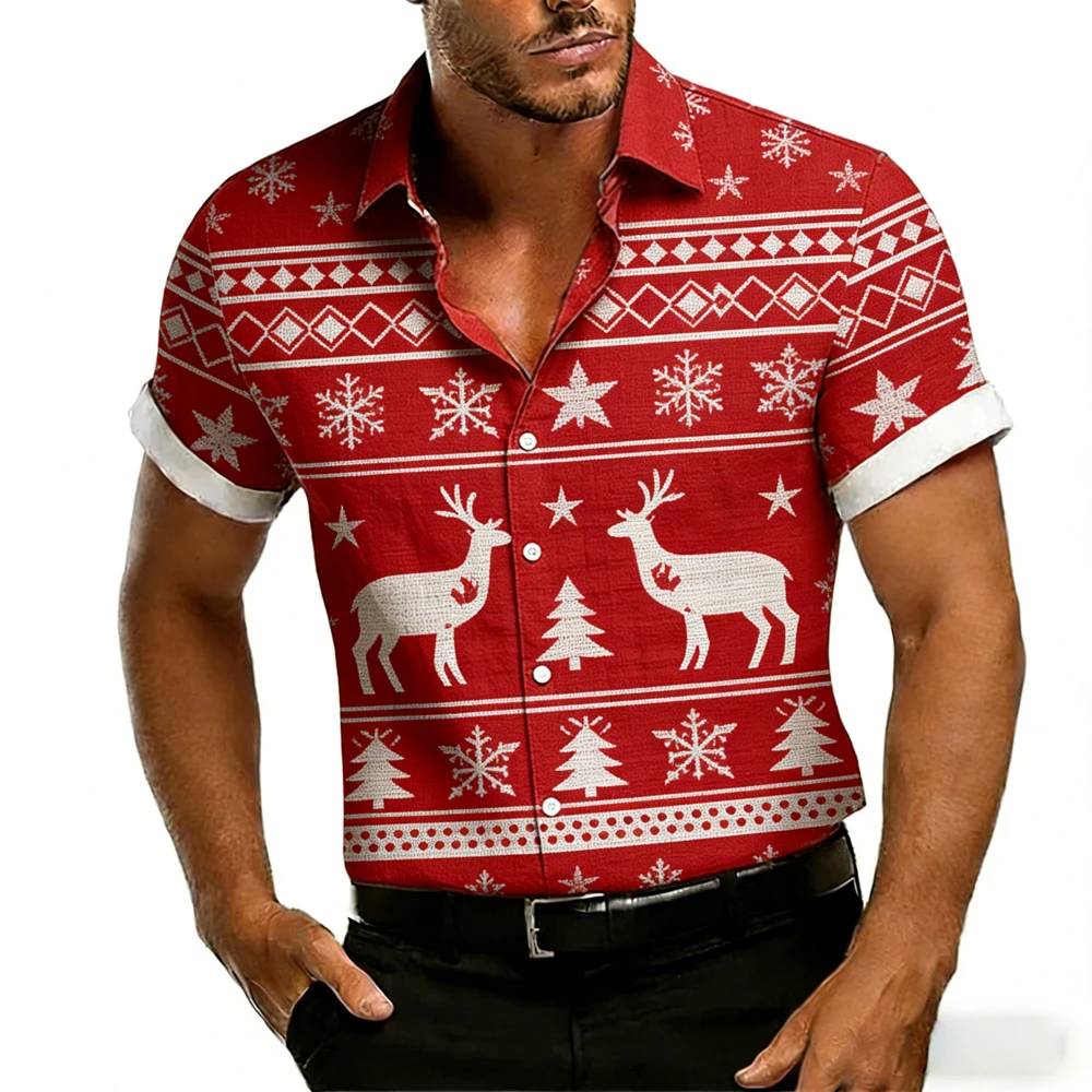Men's New Linen Christmas Fun Pattern Cookie Snowflake 3D Printed White Shirt Hawaiian Casual Outdoor Short-sleeved Clothes Men