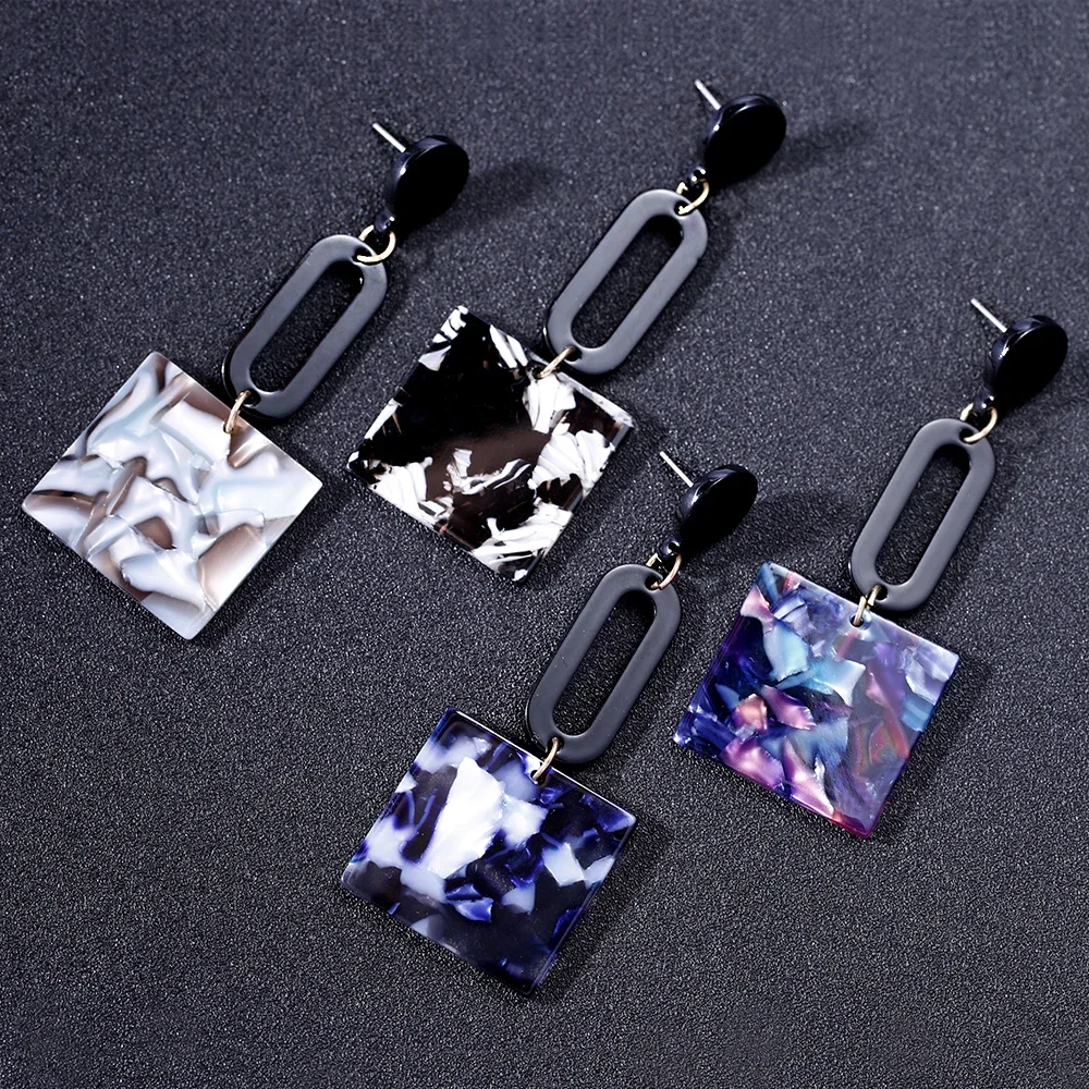 SOHOT New Trendy Geometric OL Style Women Long Drop Earrings Acetic Acid Tortoiseshell Colorful Square Pendant For Major Bijoux