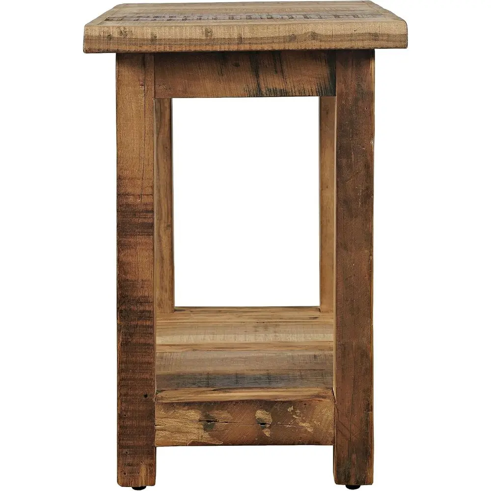 Rustic Reclaimed Wood Chair Side End Table with Storage Shelf