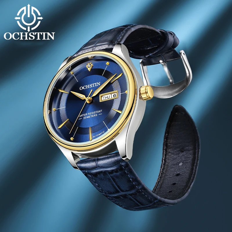 

OCHSTIN Роскошные деловые мужские механические наручные часы с автоматическим календарем, датой и днем недели, кожаный ремешок, мужские часы для официальных и повседневных мероприятий
