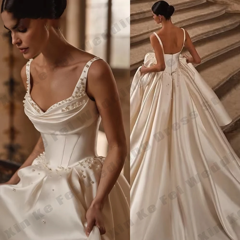 Gorgeous Women Pearls A-line Wedding Dresses Spaghetti Straps Bride Gown Backless Bride Dresses Bridal Gowns Vestidos Customized