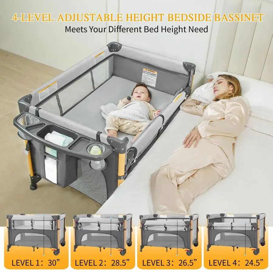 سرير سرير بجانب السرير مع إعداد يد واحدة 5 في 1 حزمة قابلة للطي وتشغيل للسفر، سرير أطفال محمول مع إعلان مبدل الحفاضات