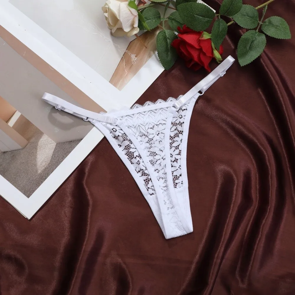 Bequeme, niedrig geschnittene Spitzen-Stringhöschen mit Blumenmuster, weiche, einfarbige, verstellbare Gürtel-Slips, Unterwäsche, transparente T-String-Höschen für Mädchen – Detail 8