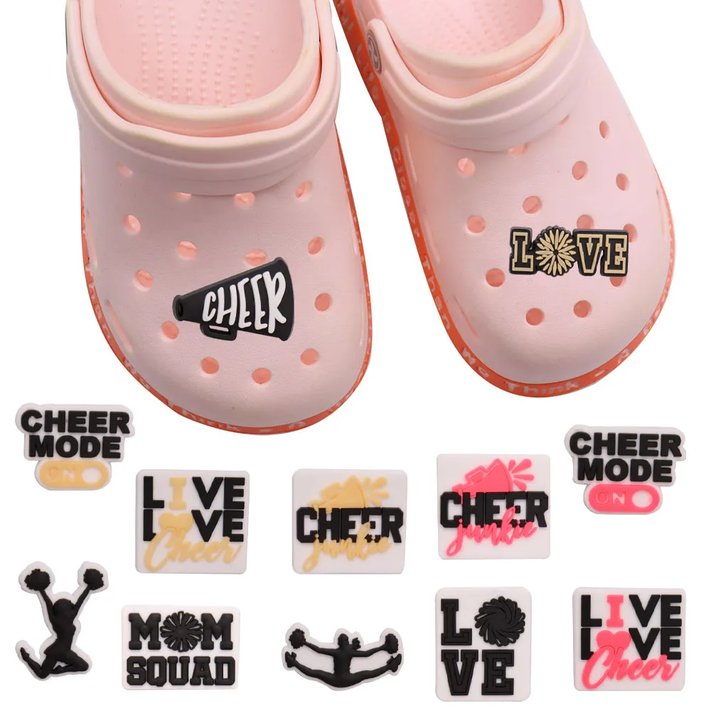 

Mix 50pcs PVC Cheerleading Mum Squad Mode On Live Love Cheer Shoe Charms Garden Shoes Button Decoration Hole Slipper Accessories