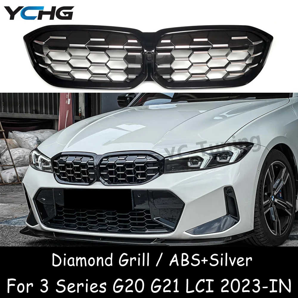 

G20 LCI Diamond Style Silver Front Bumper Grille For BMW 3 Series G20 G21 ABS Replacement Grills 320i 330i M340i 2023+