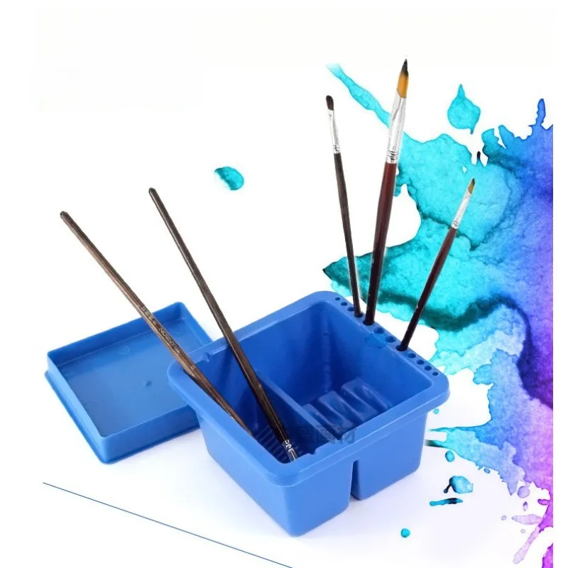 Blue Plastic Multifunctional Square Brush Washer with Pen Holes for Washing Gouache and Oil Painting Brushes Art Supplies