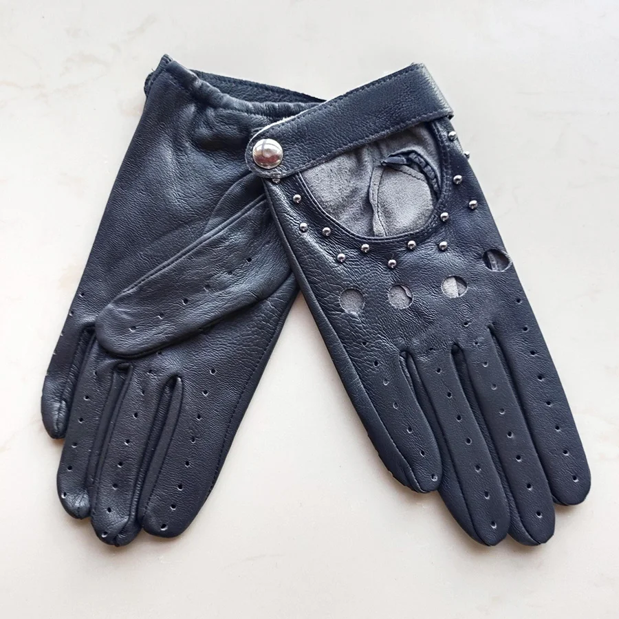 Goatskin Driving Driver Leather Gloves Women\'s Thin Outdoor Motorcycle Riding Fashion Hollow Rivet Spring Summer