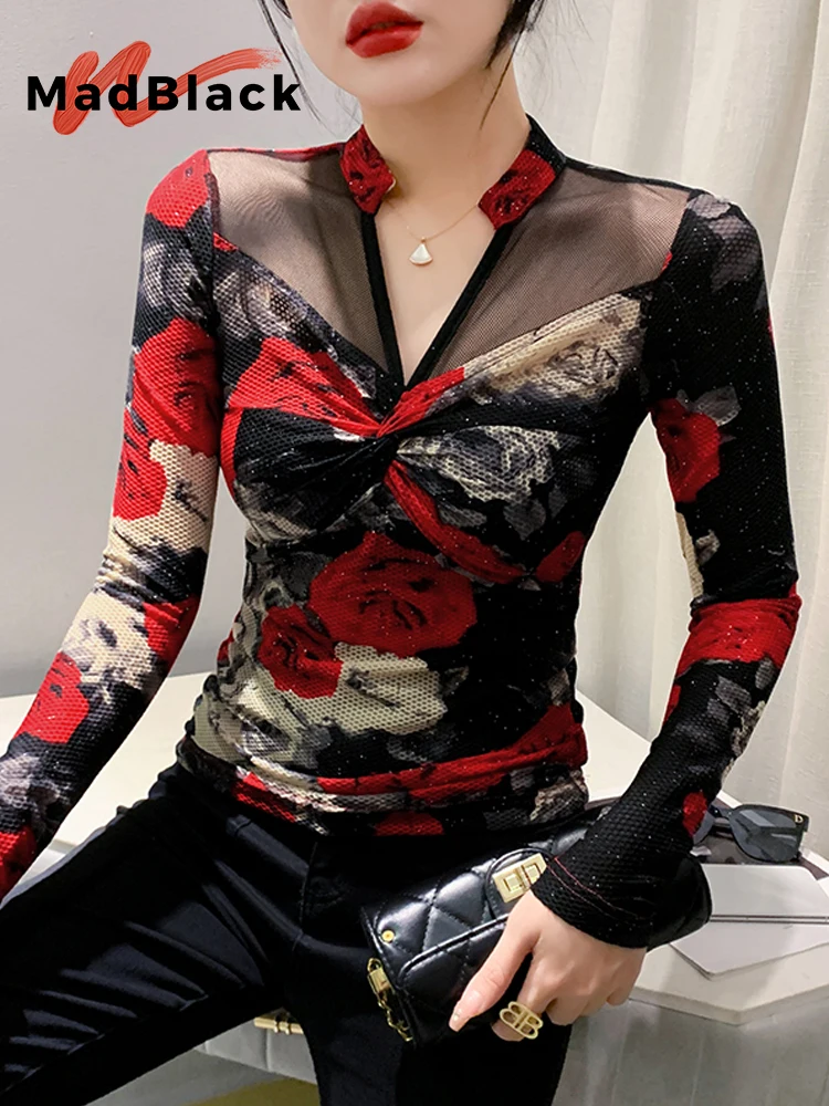 MadBlack, European Clothes T-Shirt, Sexy Women V Neck Printed Top, Long Sleeve Slim Clubwear Patchwork Tee, Fall Winter T40403CC