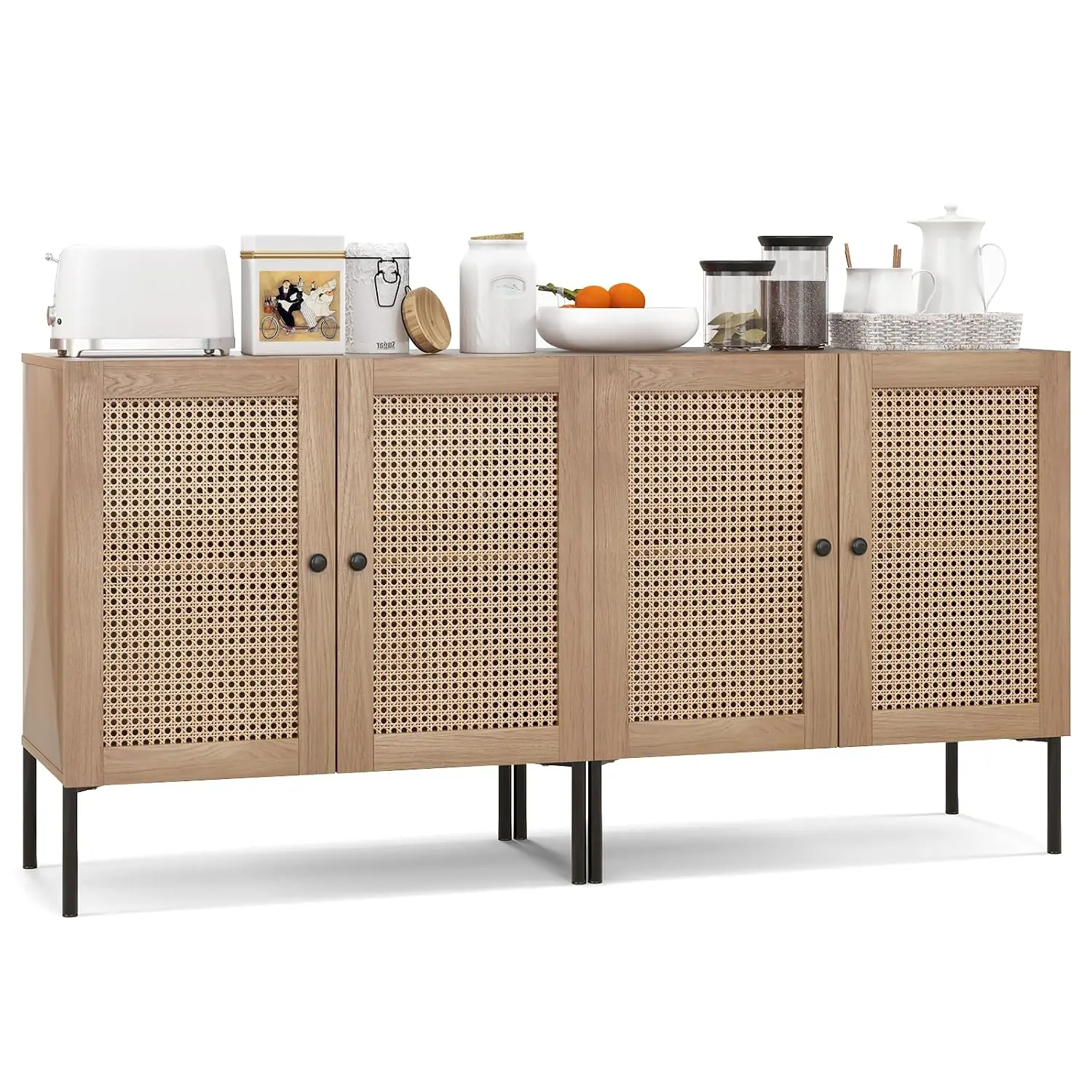 Wood Sideboard Cabinet Set of 2 with Rattan Door, Adjustable Shelf, Freestanding Coffee Bar Storage for Living Room Kitchen, Cus