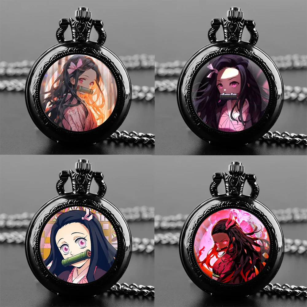 Vintage Anime Demon Slayer Nezuko Kamado Quartz Pocket Watch, Necklace Pendant Ideal Gift for Men & Women and Kids