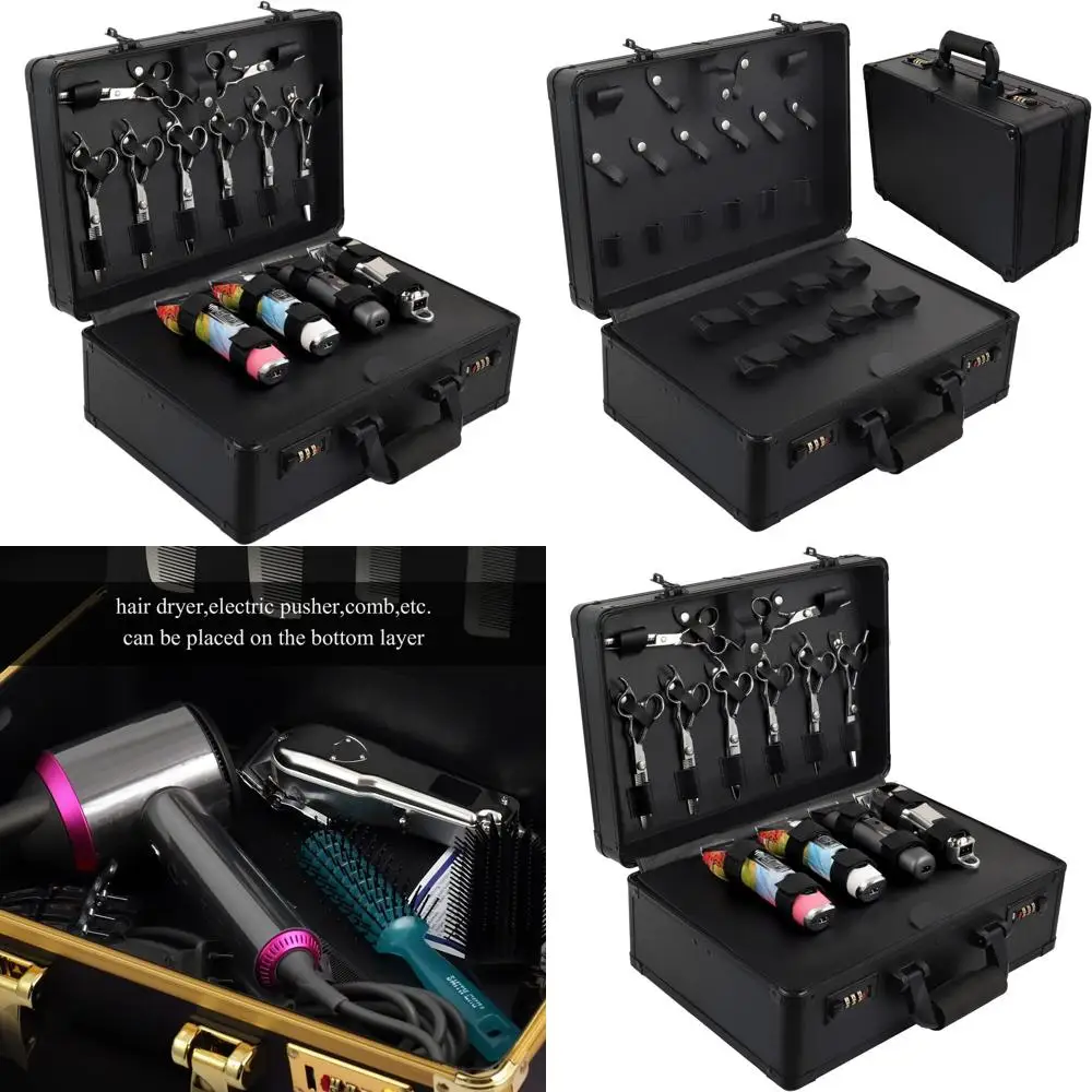 

Алюминиевый органайзер для парикмахерских инструментов с ручкой, надежное хранение для инструментов барбера, 15.8x11x6.5, черный