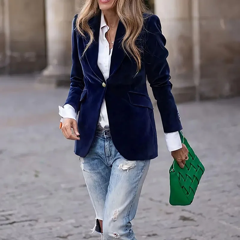

Women's Casual Long Sleeve Solid Short Jackets Winter Elegant Button Velvet Slim Fit Outercoat Autumn Fashion Lapel Blazer Coats