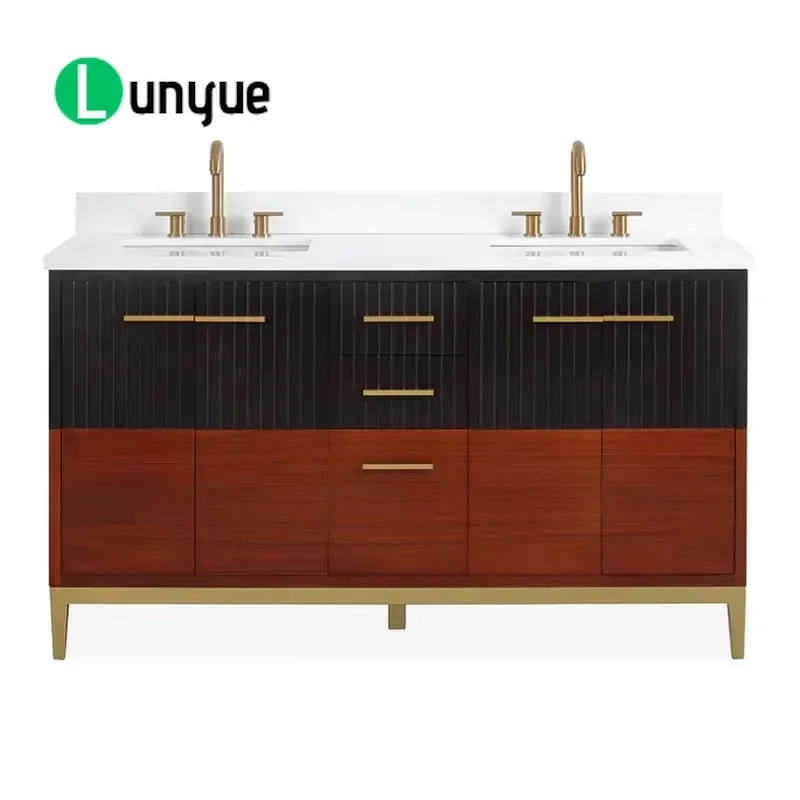 Modern Double Sink Bathroom Vanity Cabinet 60 Inch Solid Wood Walnut Matte Black Floor Standing Durable Furniture for Home