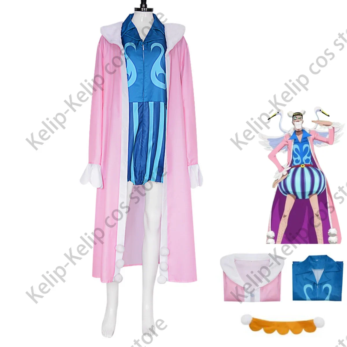 Anime Bentham Cosplay Costume Impel Down LEVEL5.5 Clone-Clone Fruit Pink Cloak Jumpsuits Uniform Man Woman Halloween Party Suit