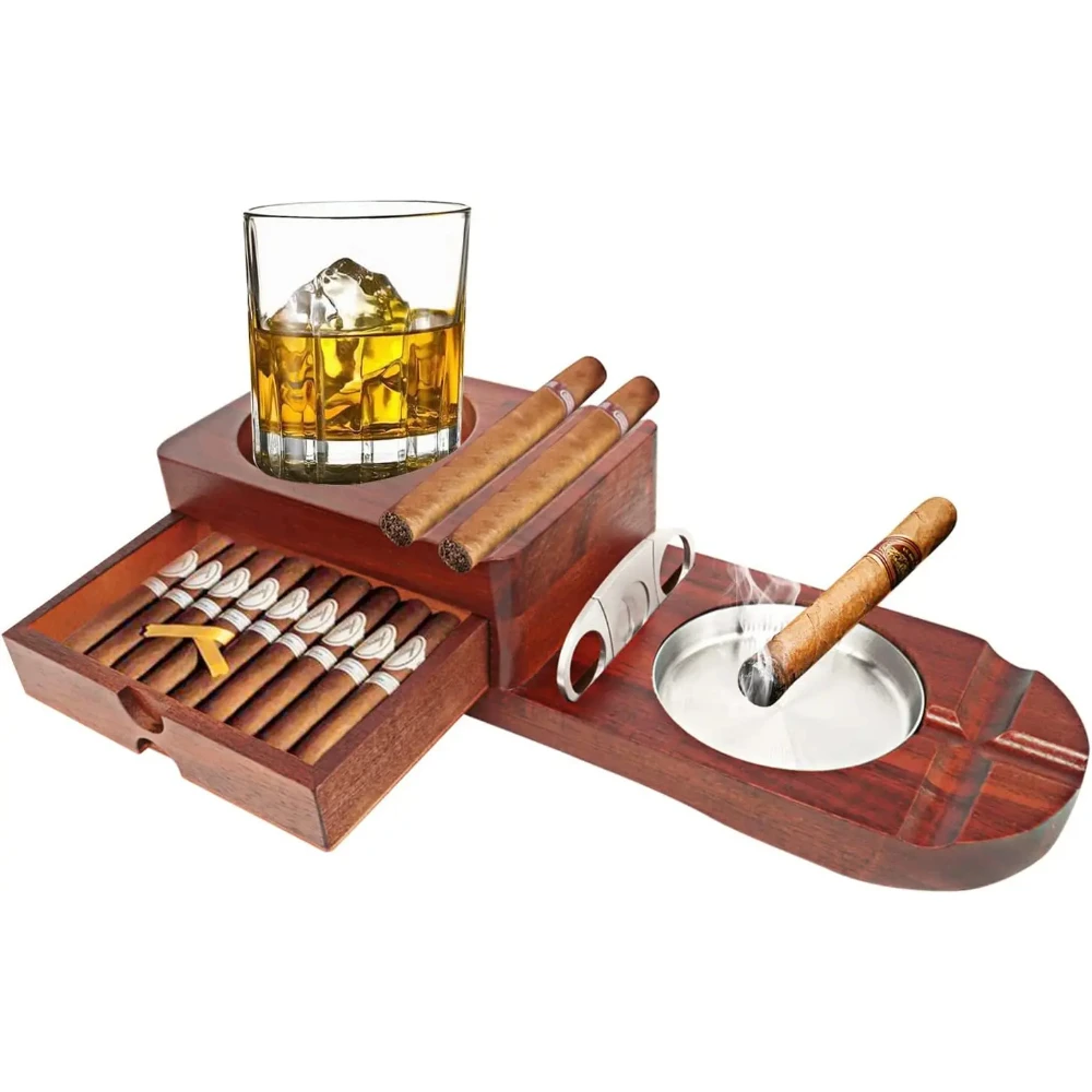 Multifunction Wooden Cigar Ashtray Beverage Solid Wood Coaster Whiskey Tray Cigar Holder Stand Cigar Box Smoking Accessories New