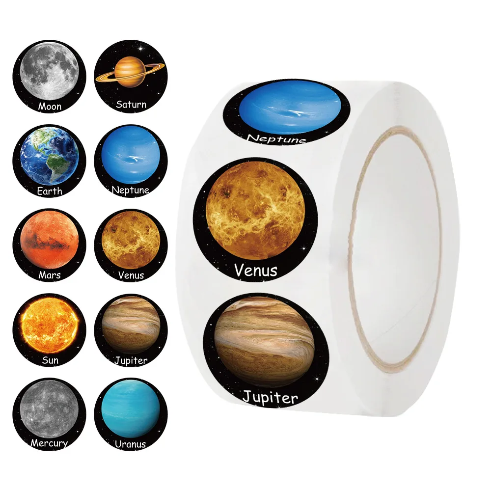 

500pcs/Roll Cartoon Beautiful Planet Round Sealing Stickers DIY PVC Laptop Decals Decoration Stiker Reward Gift Toys