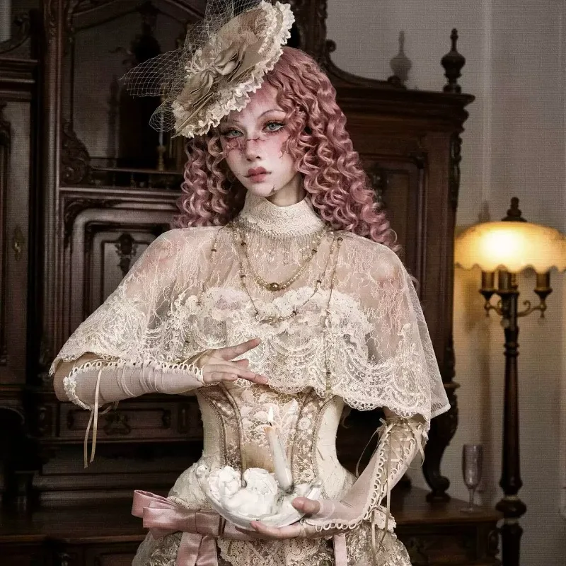 Vintage Victorian Lace Short Cape Women High Neck Pearl Tassel Shawl Retro Gothic Evening Party Layering Top