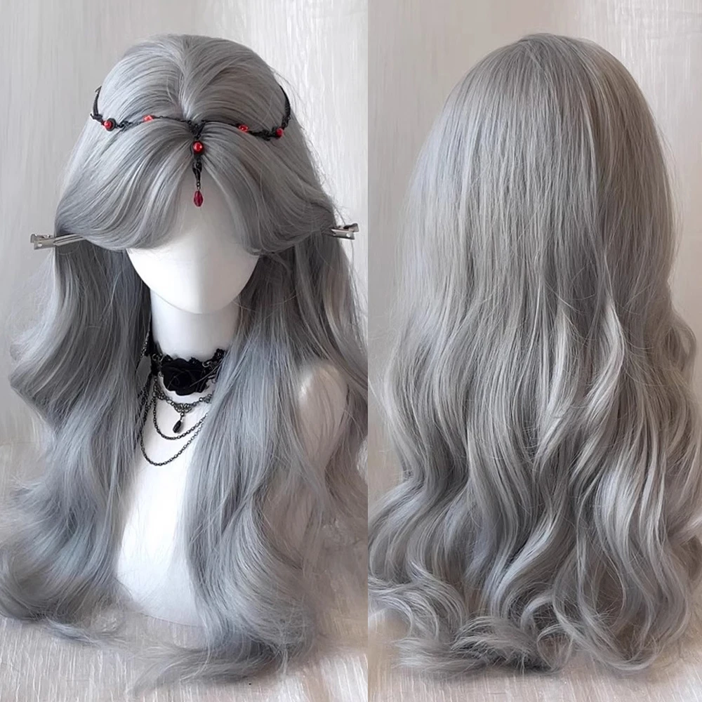 Long Wavy Gray Women Synthetic Wig Heat Resistant Fluffy Lolita Cosplay Wig Middle Part for Daily Party