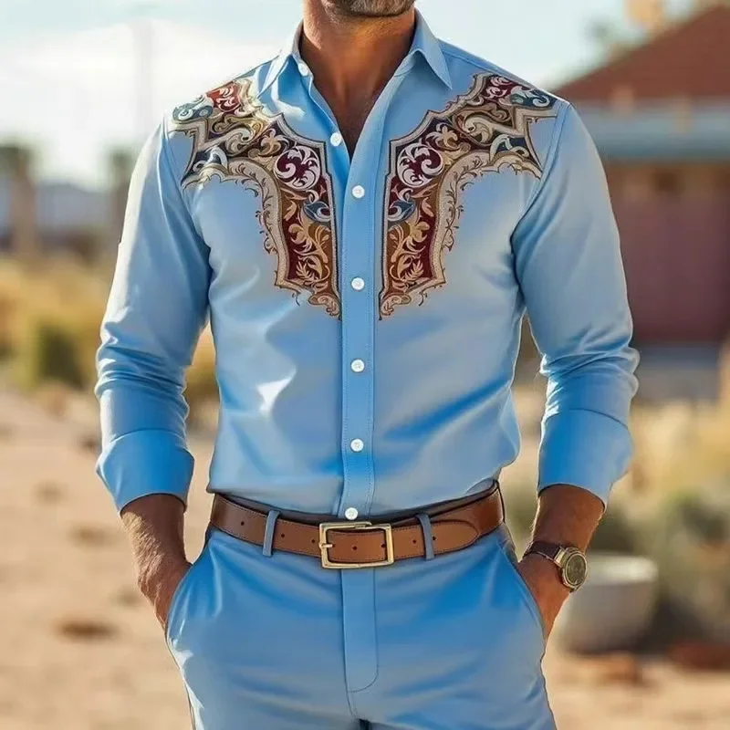 خمر 3D زهرة مطبوعة نمط قميص الرجال طويلة الأكمام زر طوق عارضة قميص الخريف أزياء الرجال الشارع في الهواء الطلق قميص