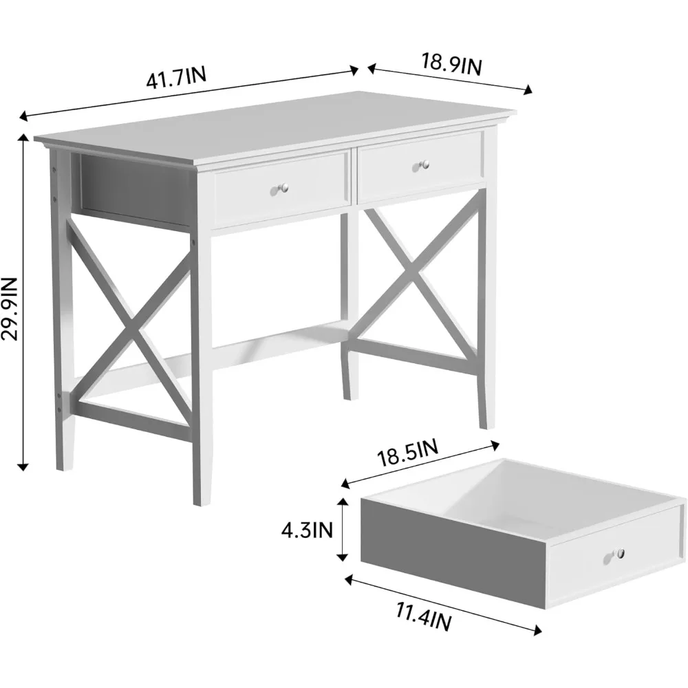Modern White 42 Long Desk with 2 Drawers, Home Office Writing Desk, Storage Vanity Desk for Study