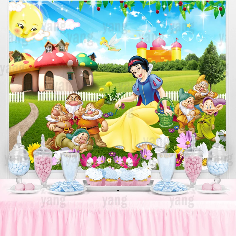 Disney Princess Wedding Castle Pink Snow White 7 Dwarfs Blue Sky Grassland Backdrop Girls Birthday Party Baby Shower Banner