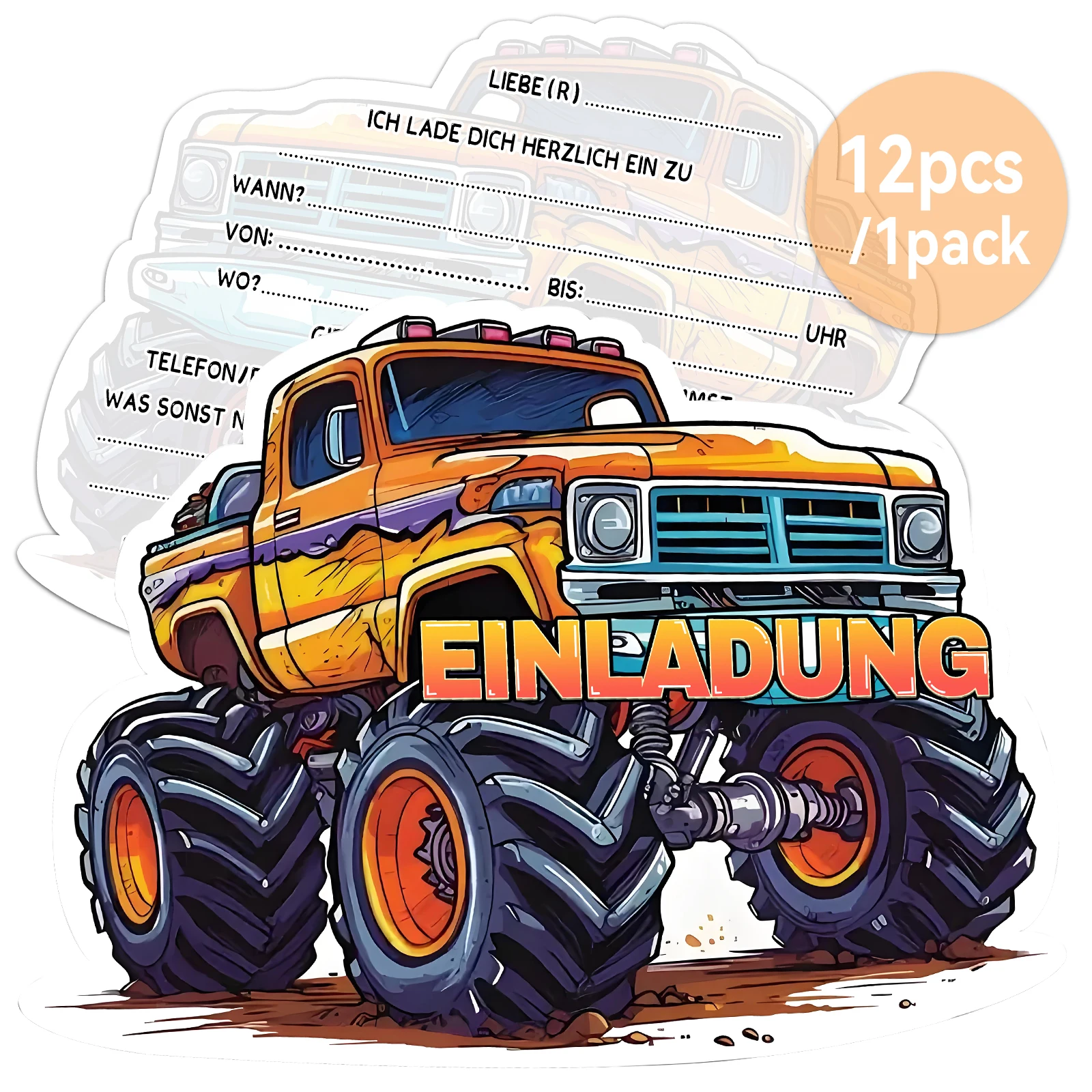 12 Stück Berg-Geländewagen-Themen-Einladungskarten zum Geburtstag, dicker Karton, 320 g/1 Quadratmeter Monster Truck Bir
