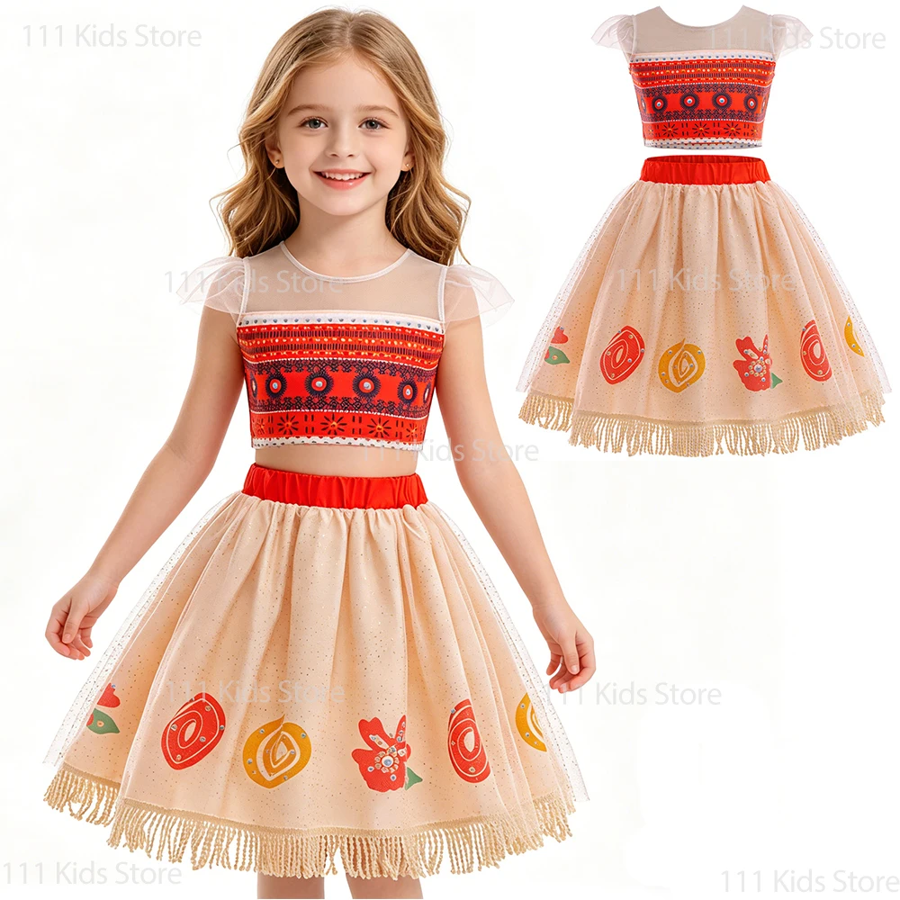  Conjuntos de 2 piezas de verano para niños, Top + falda de estilo primitivo para playa de Hawái, disfraz de Moana, disfraz de Carnaval de manga corta para niñas