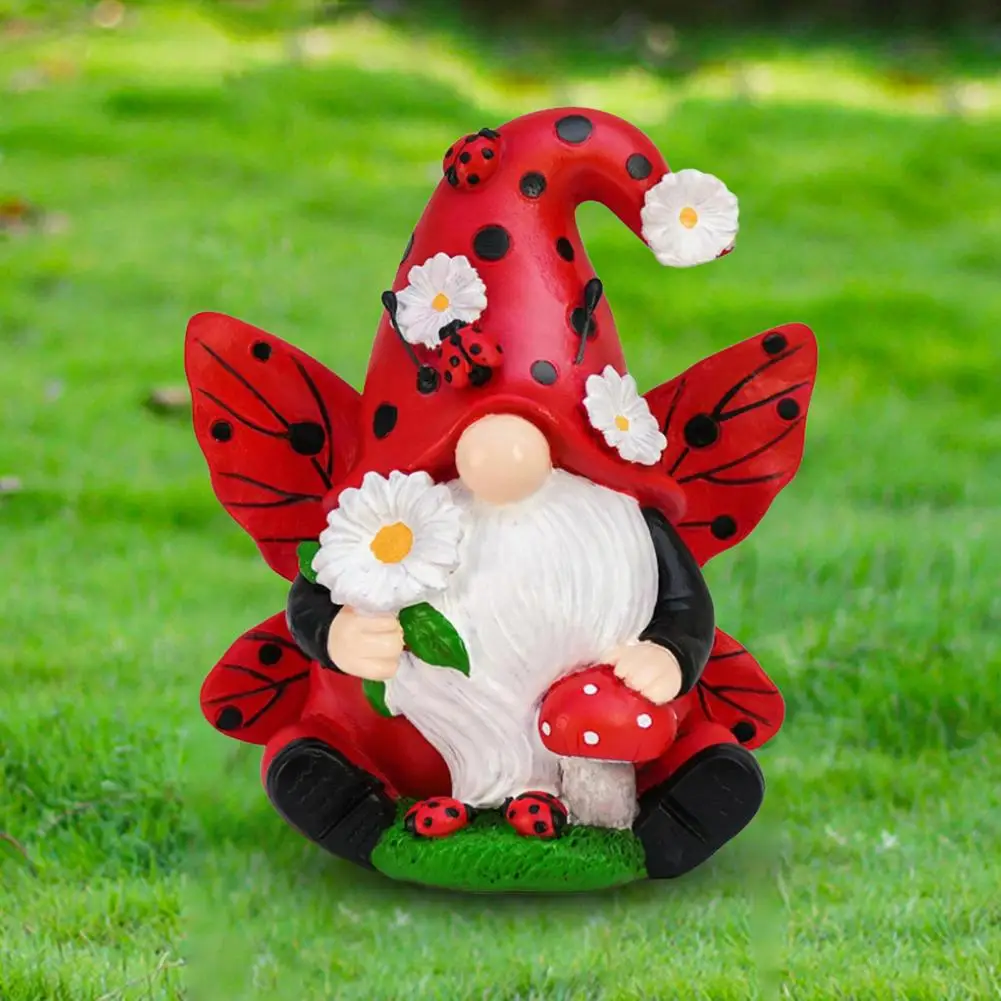 Winged Gnome Decoration Whimsical Ladybug Gnome Figurine with Flower Wings Charming Dwarf Elf Resin Statue for Indoor Outdoor