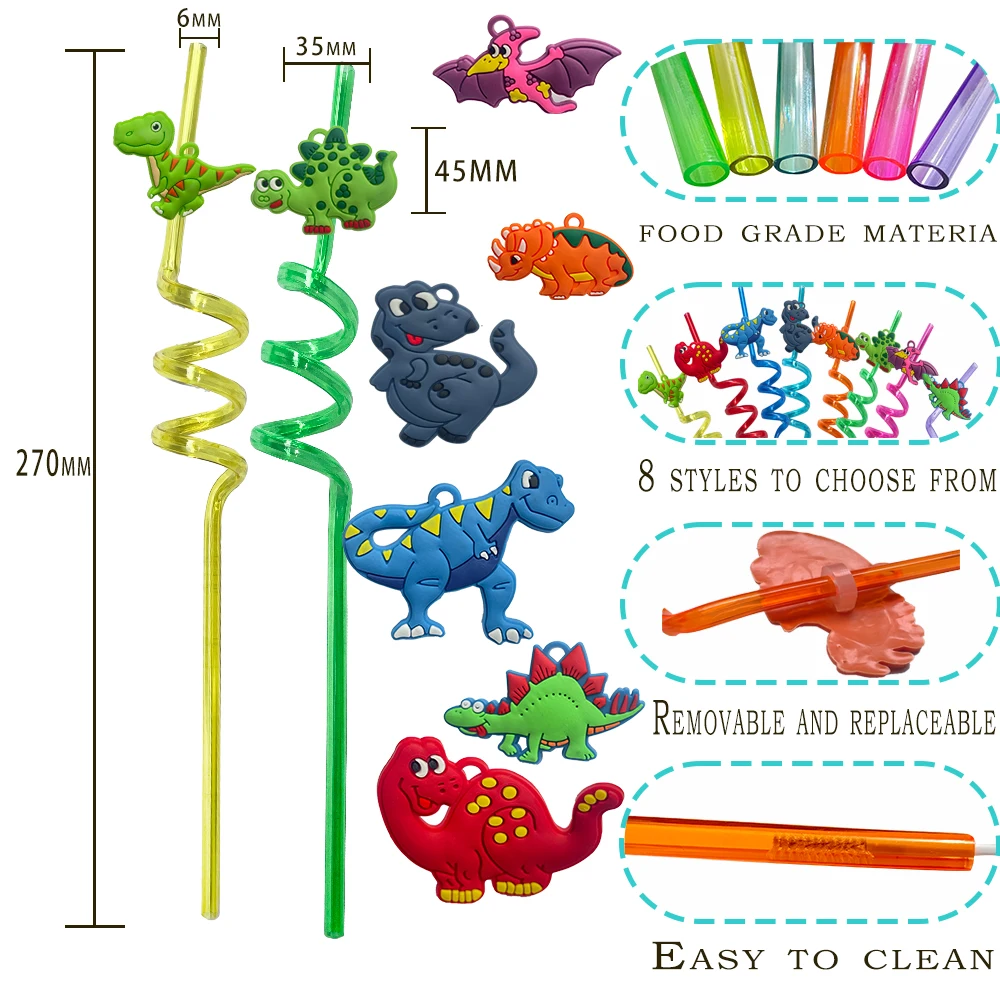 8 Styles Dinosaur Patterns with 8 Color Reusable Plastic Straw Party Decoration for Kids Safari Jungle Dinosaur Theme Straws