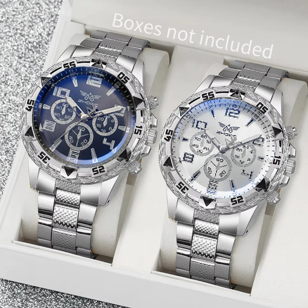 2psc Blue light glass men's business watch, steel strap quartz watch, multifunctional digital scale three eye watch