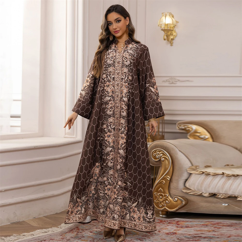 Fancy Blue Brown Luxurious Gulf Women Abayas Dubai Luxury Long Sleeve Beading Formal Holiday Dresses Ladies Clothing Robe