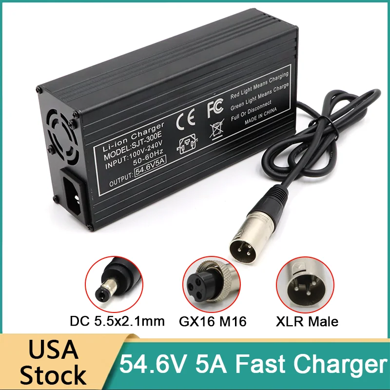 54.6V 5A Electric Bike Fast Charger for 13S 48V 10Ah 15Ah 20Ah Lithium Battery GX16 M16 3-Pin XLR Male 5.5x2.1mm Connector