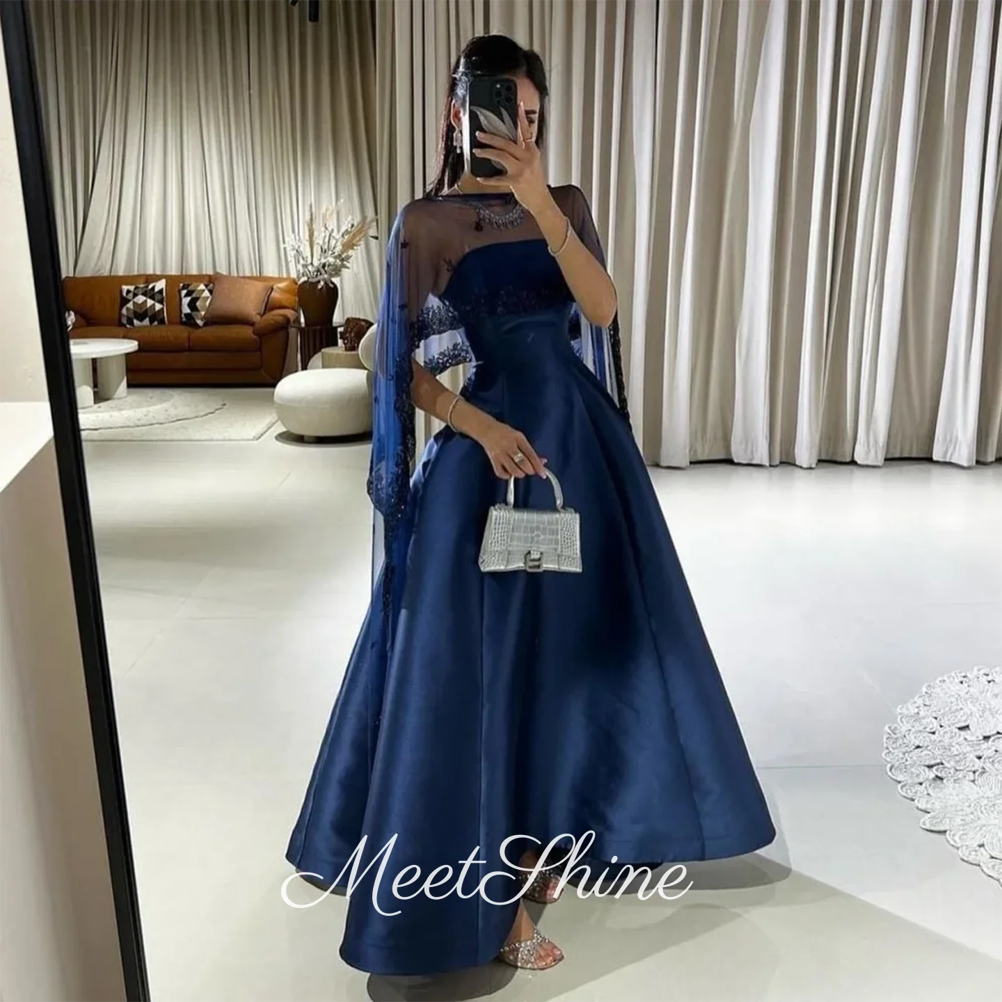 

Modern Dark Blue A-Line Boat Neck فساتين سهرة with Detachable Cape Satin Evening Dresses Saudi Arabia Customized