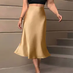 Y.KUKU Women's Midi Skirt New Satin Shiny High Waist Skirts Brand Casual Fashion Vintage Summer Chic Female Faldas Saia