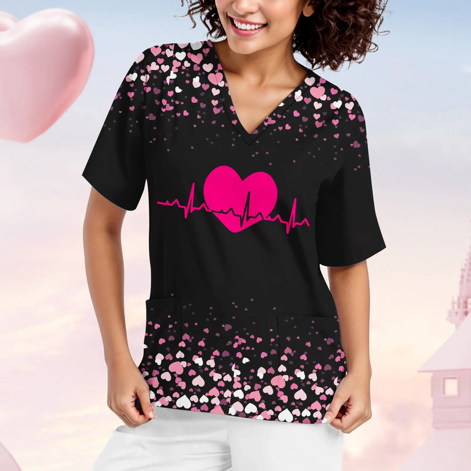 Medical Nurse Uniform 2024 Valentines Love Print Womens Medico Operating Veterinaria Workwear Surgical Clothing Scrubs Top