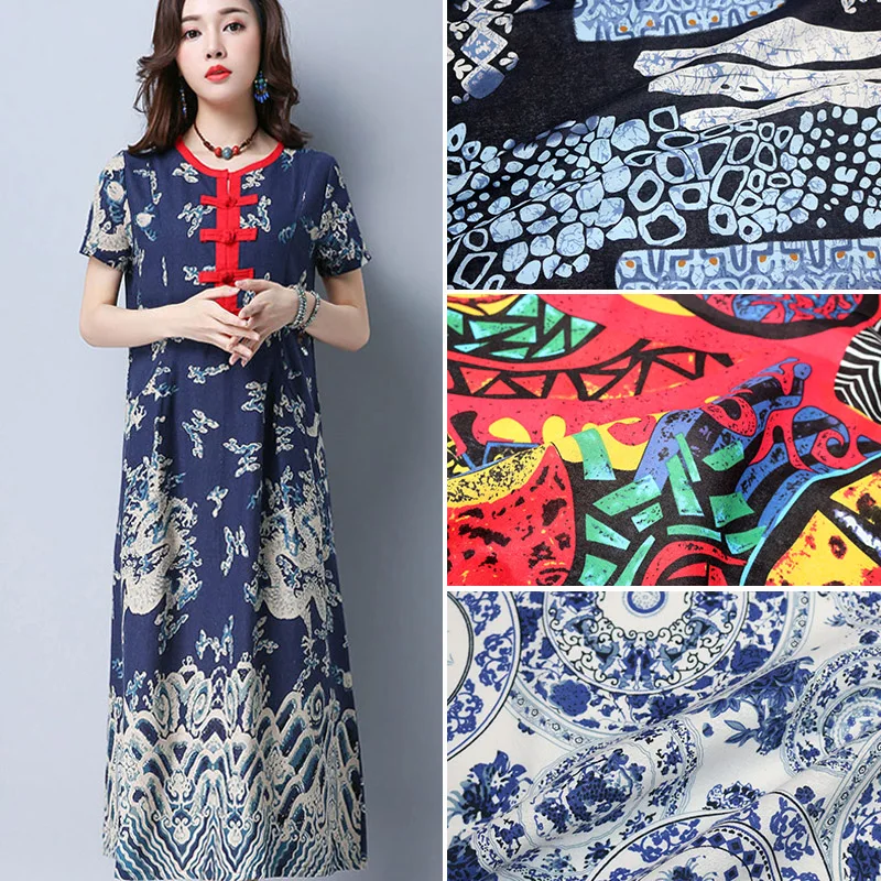 Printed Cotton Linen Fabric By The Meter for Handmade Skirts Pillows Curtains Diy Sewing Tablecloth Soft Cloth Summer Blue Red