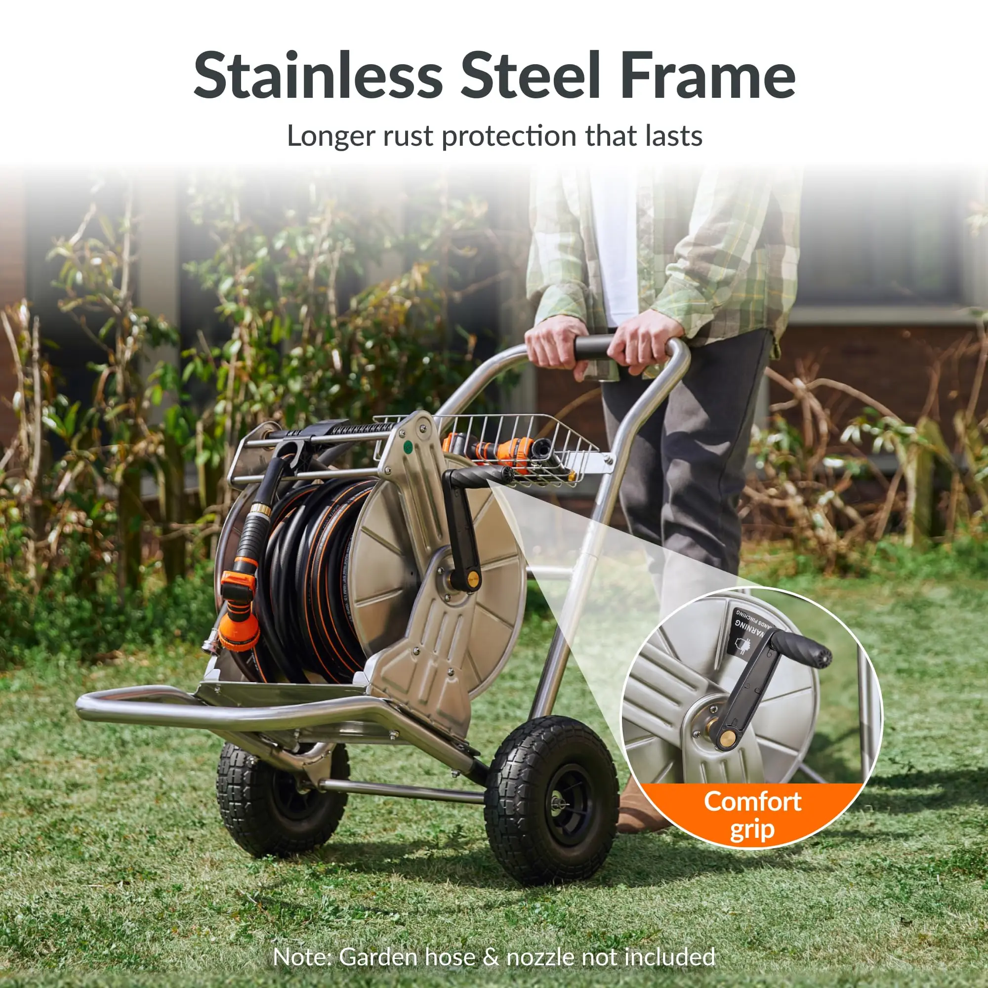 Garden Hose Reel Cart with Wheels, Stainless Steel Heavy Duty Water Hose Reel Cart, 200 ft of 1/2 Capacity, Mobile for