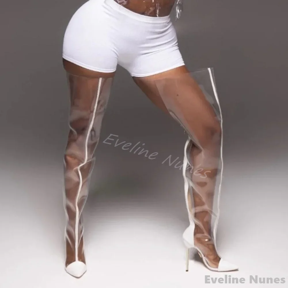 Transparent PVC Over The Knee Boots Women Summer White Pointed Toe Stiletto Heel Back Zipper Large Tube Sandals Catwalk Pumps