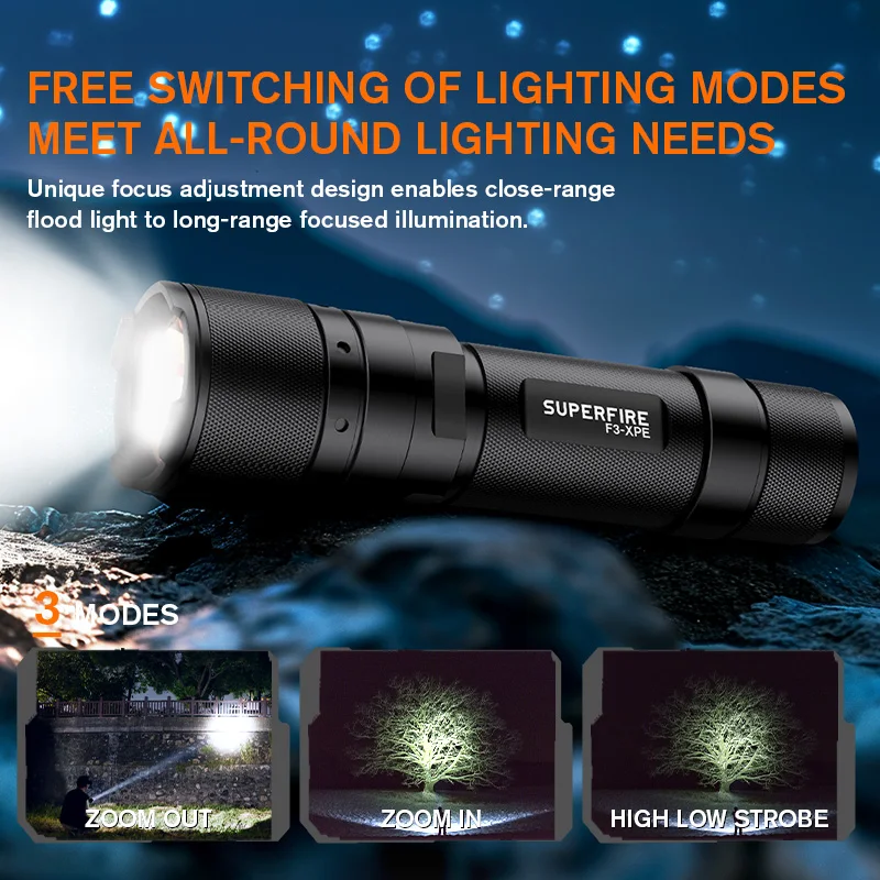 SUPERFIRE F3-XPE Led Flashlight Aluminum Alloy Tactical Hunting Torch USB Rechargeable Zoomable Lantern Use 18650 or AAA Battery