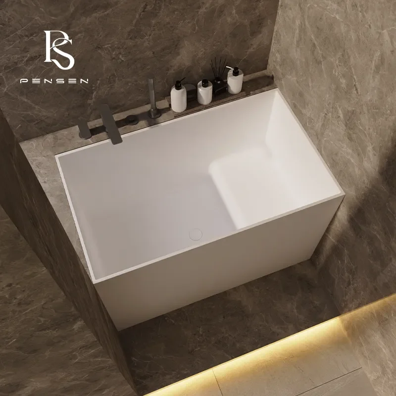 Compact Square PMMA Stone Deep Soak Tub Seated Mini Bathtub for Small Apartment Home Bathroom Space Saving Design