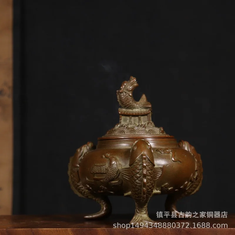 Pure Fish Leaping Over the Dragon Gate Copper Incense Burner Home Living Room Ornament Decoration Gift