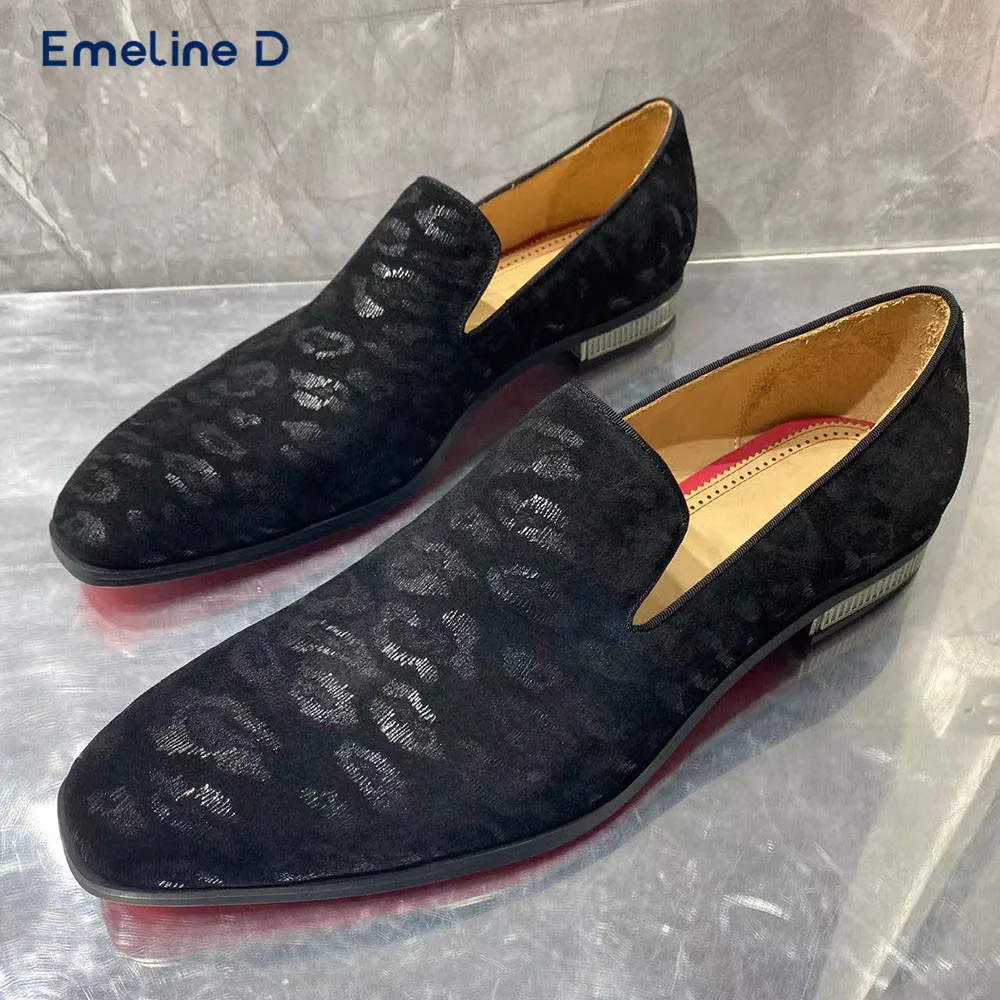 Black Suede Printed Loafers Metal Square Heel Pull-On Business Casual Shoes Large Size Personalized Comfortable Men's Shoes